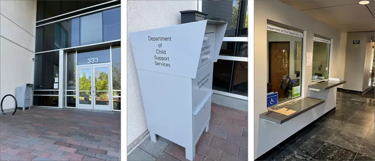 3 panel image showing a front door of an office building, a mailbox, and a lobby service window