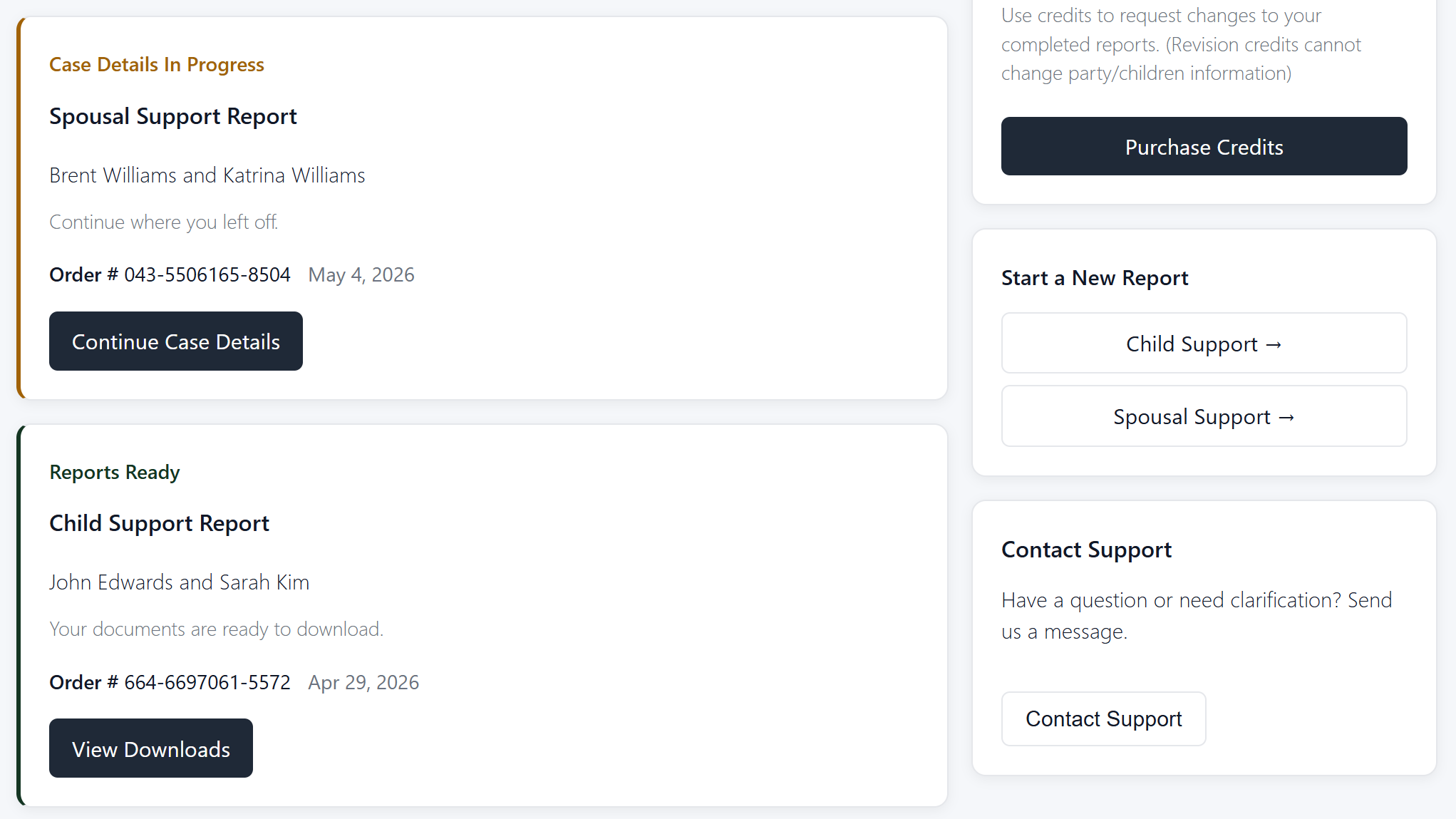 Secure account dashboard showing support report orders